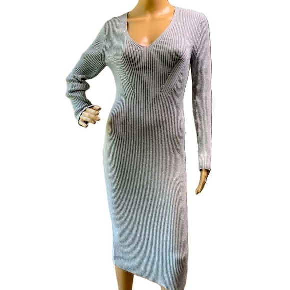 Michael Kors Silver Ribbed V-Neck Long Sleeve Knit Bodycon Sweater Dress Small - Picture 1 of 15